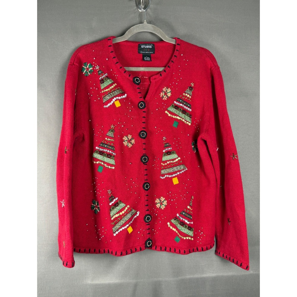 Designers Originals Studio Joy Cardigan Women L Red Christmas Tree Sweater